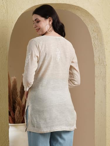 Image of Ada Women's Cotton Straight Fit Straight Hand Embroidered Lucknowi Chikankari Khadi Short Kurti Top A911388 Fawn