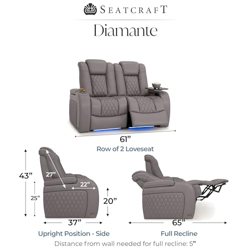 Image of Seatcraft Diamante Gray Italian Leather Home Theater Seating, Zero Gravity Power Recliner Gaming and Home Office Chair, Powered Headrest Lounge Sofa Furniture for Cinema Room, Row of 2 Loveseats