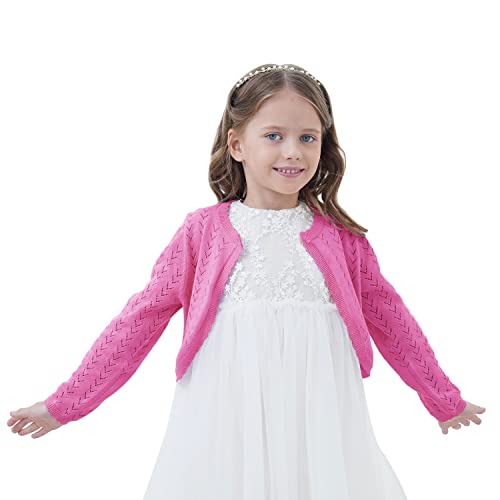 Image of Girls' Crochet Knitted Cardigan Sweater Bolero Shrug Kids Long Sleeve Button Closure Cropped Knitwear Cover Up,Dark Rose,5 /6