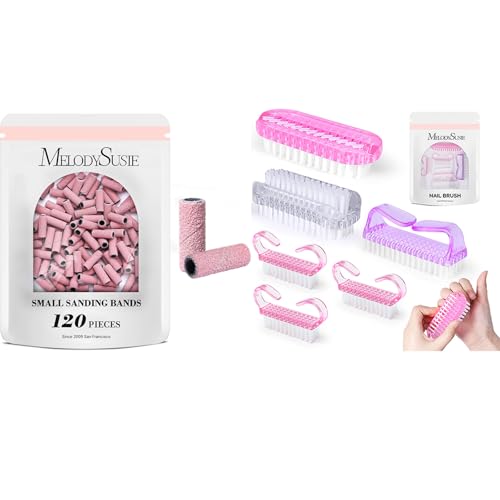 MelodySusie 120 Pcs Nail Drill Bits Small Sanding Bands for 3.1mm Mandrel Bit with All in One Nail Brush Set