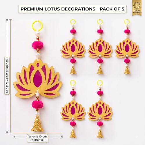 Image of JH Gallery Magenta Bell Lotus Hanging Set of 5 - Handmade Ganesh Chaturthi Decoration Items for Home, Ganpati Mandap Backdrop, Pooja Room Wall & Door Toran (9 Inch)