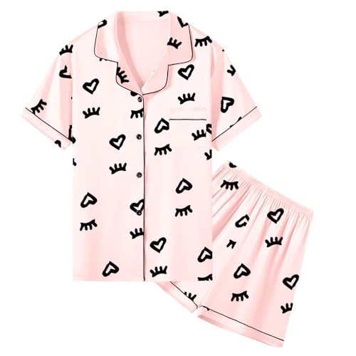 Image of Umeyda Women & Girls Pajamas Set, 2 Piece PJS Satin Silk Sleepwear Button-Down Top with Shorts for Mom Kids Gifts