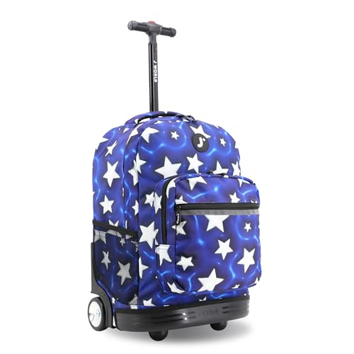 Image of J World Sunrise Kids Rolling Backpack with Wheels for Girls Boys, Roller Bookbag for School, 18 x 13 x 9 Inches, Puffy Star