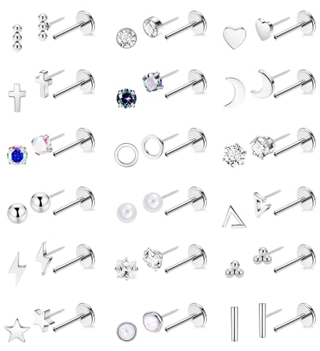 18Pairs 20G 316L Stainless Steel Threadless Push in Stud Earrings for Women Men Flat Back Cartilage Stud Earring Helix Tragus Stud CZ Heart Moon Star Ear Stud Piercing Jewelry
