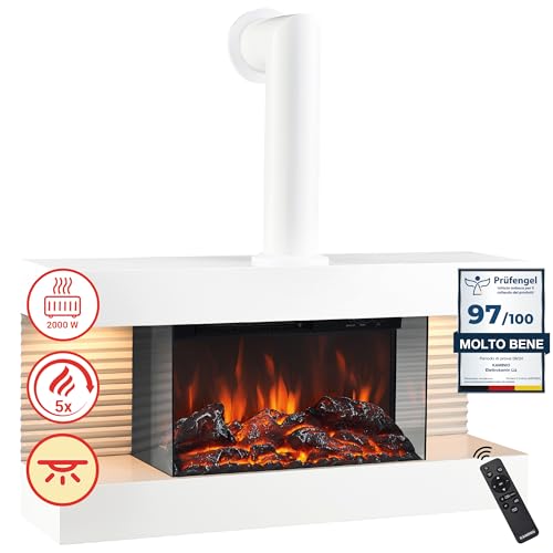 KAMINIO Camino elettrico LIZ - Caminetto elettrico da parete con riscaldamento, effetto fiamma 3D, luce ambiente a LED, telecomando (Bianco con tubo)