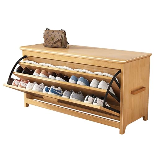 Banco de almacenamiento de zapatos de madera maciza con asiento acolchado, zapatero de entrada y cajón, zapatero interior para pasillo y sala de estar, baúl de almacenamiento multifuncional