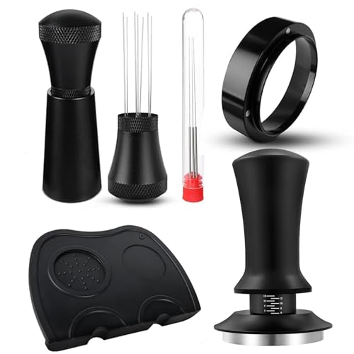 Espresso Tamper Set, Coffee Tamper,Tamper Mat, Dosing Funnel, Spring-Loaded Tamper Flat Stainless Steel Base Compatible with Espresso Aluminum Handle Accessories