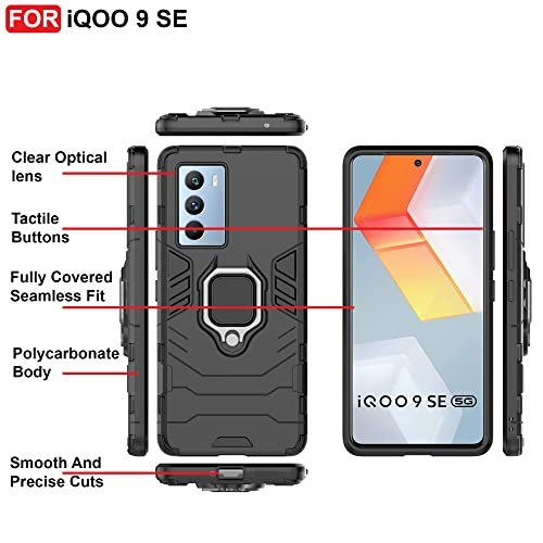 Image of CEDO Kickstand Cover for iQOO 9 SE (5G) Rugged Case | Built-in Stand Rotating Ring Holder | Military Grade Armor Bumper Back Cover (Black)