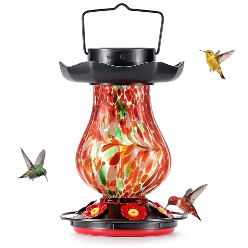 DesGully Solar Hummingbird Feeder for Outdoor - 25 fl.oz Hand Blown Glass Hummingbird Feeders for Outdoors Hanging, Large Capacity with Moat, 6 Colors Changing Light Outside Garden Decor (Red)