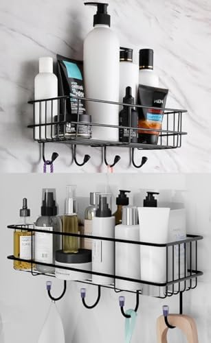 Image of Puno Pack of 2 Wall Mounted Bathroom Shelf Rack | Self Adhesive Black Steel Storage Organizer with 4 Hooks for Kitchen & Bathroom