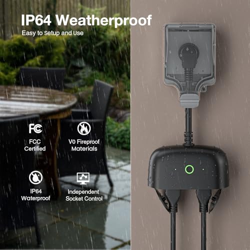 Image of GHome Smart Outdoor Smart Plug, Smart Home Wi-Fi Outlet with 2 Sockets, IP64 Weather Resistance, Compatible with Alexa, Google Home & SmartThings, No Hub Required