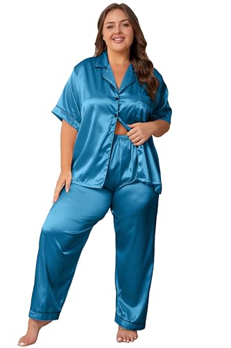 Image of Vozanet Women's Button Down Satin Pajama Sets Silky Short Sleeve Top & Pants Plus Size Loungewear Classic Sleepwear XL to 5XL