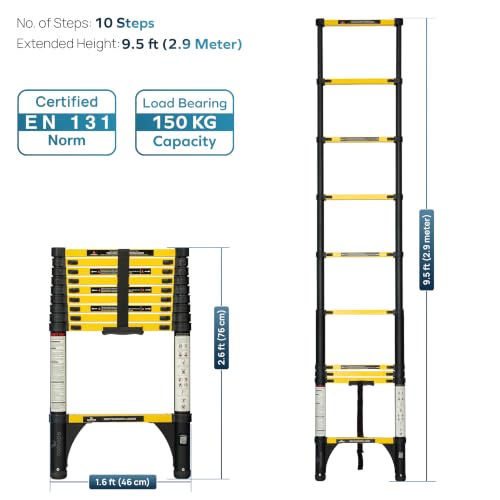 Image of Corvids 2.9m (9.5 ft) Folding Carbon Steel Telescopic Ladder, 2-Year Warranty, 10-Step Heavy Duty Extension Ladder, Q195 Rustproof Alloy Steel, Portable & Collapsible Ladder for Home & Outdoor use