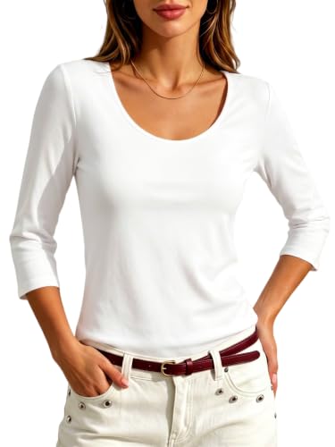 Image of Meetrendi Women's 3 /4 Sleeve Scoop Neck T-Shirt Cotton Blend Slim Fit Basic Tee Casual Spring Top 2026