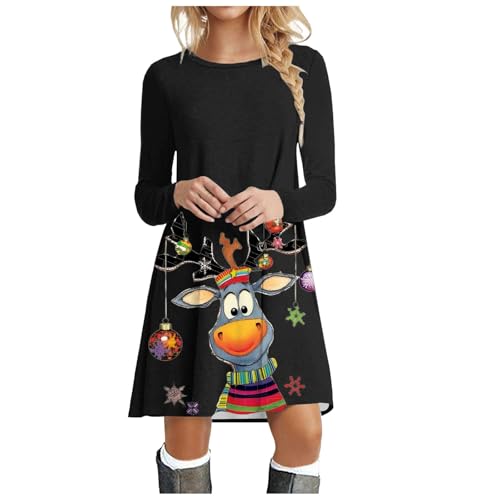 Kleid Weihnachten Damen Elegant Weihnachtskleid Langarm Weihnachts Pulloverkleid Druck Christmas Dress Vintage Partykleid Festliches Kleider (XXL)