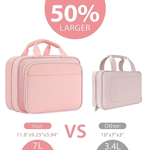 Sovico Large Travel Toiletry Bag For Women With Extra 4 Travel Bottles, Hanging Toiletry Bag With 360° Rotatable Hook, Travel Bag For Full-Sized Cosmetic Bag With Makeup Brush Compartment-Pink #TOP1