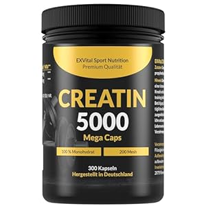 Creatin 5000 Mega Caps, workout booster, 5000 mg Creatin Monohydrat pro Tagesdosis, 300 vegane Kapseln, 100% rein mit Mesh Faktor 200- Halal & Vegan