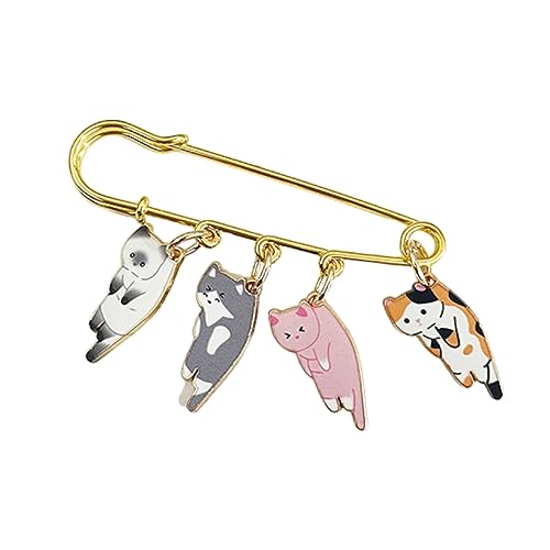 Image of Lovely Cat Charms Gold-Tone Safety Pins - Calico, Ginger, Siamese Cat Dangle Accessory Brooch Pin for Cat Lover Gift
