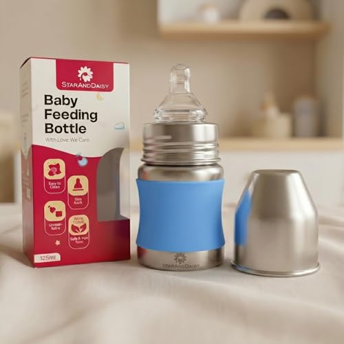 Image of StarAndDaisy Baby Milk Bottle for new Born /Infant /Toddler 125 ML SUS 304 Steel Baby Feeding Bottle for 0+ Months, BPA Free Leakproof, Anti Colic, Easy to Clean -Blue (Blue-125 ML)