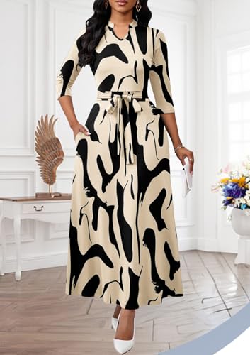 Image of BubFee Maxi Dresses for Women Semi Formal Long Dress 3 /4 Sleeve Casual A-line Church Dresses with Pockets