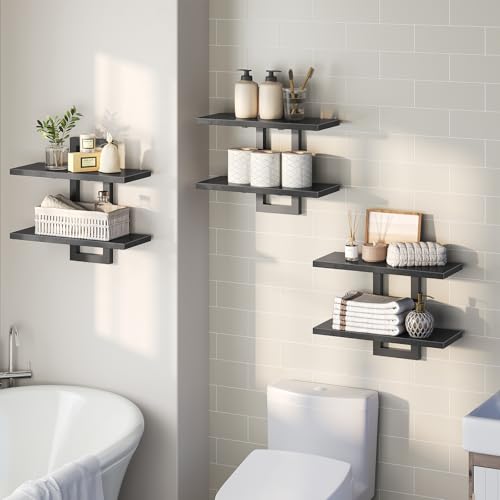 Image of HOOBRO Floating Shelves, 15 Inch Wall Shelf Set of 3, Wall Mounted Storage Shelves 2-Tier, Hanging Bathroom Shelves, for Living Room, Bedroom, Bathroom, Kitchen, Black BK32BJP301