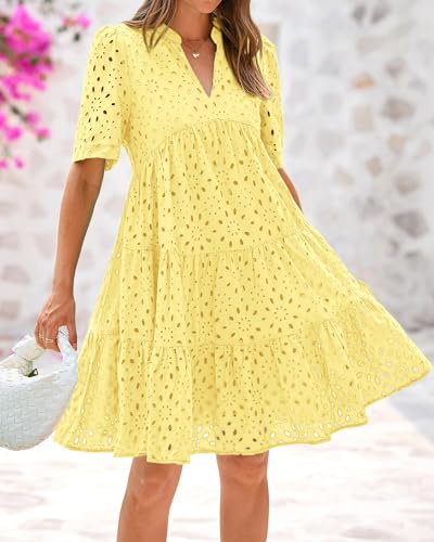 Image of BTFBM Womens Boho Summer Dresses 2026 Spring V Neck Short Sleeve Hollow Out Lace Ruffle Casual Beach Mini Vacation Dress