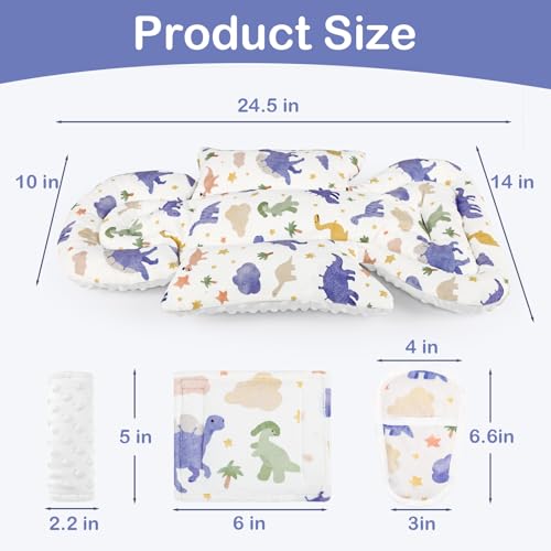 Image of Infant Car Seat Insert with 3 Strap Covers, Soft Car Seat Head Support for Baby Girls, Plush Fabric Newborn Insert for carseat, Strollers, Swings, Bouncer, Dinosaur
