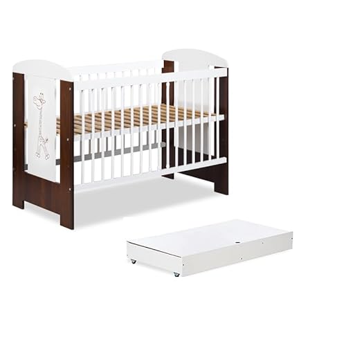 BB Loisir Lit bébé 120x60cm Blanc et Noyer avec tiroir Girafe Lit à barreaux Amovible