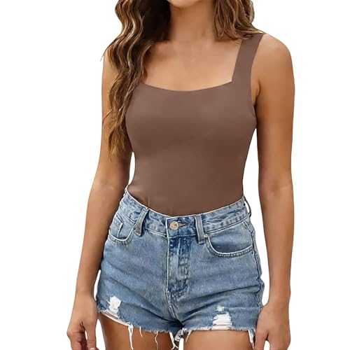 Camiseta sin mangas de cuello cuadrado para mujer con brasier integrado, tirantes anchos, ajustada, elástica, sin mangas, para uso formal casual, pieza versátil, café, XXL