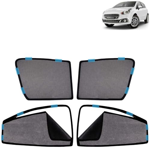 Image of KINGSWAY Car Sun Shade Curtains Only Compatible with Fiat Punto Evo (2012 to 2019) | Front Window in Half Cut and Rear in Zipper (Magnetic) | UV & Heat Protection | Pack of 4 Pcs