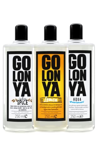 Golonya - AQUA - LEMON - SPICE - Tres Botellas de agua de colonia, Kolonya 3x250 ml - Refrescante - Intenso - Aroma Marino, Limon, Especiado - Perfume Unisex