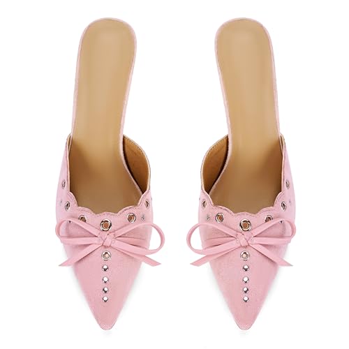 Image of DOEYG Pink Kitten Heels for Women Pointed Toe Heels Mules Dressy Vintage Bow Sexy Pointy Studded Slip on Stiletto Pumps Size 7.5