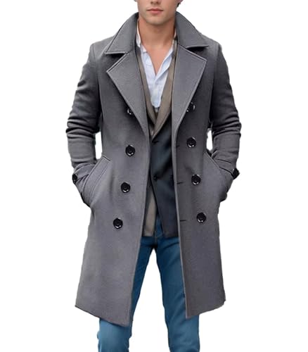 Image of FTIMILD Mens Wool Blend Pea Coat Warm Winter Trench Coat Notched Lapel Double Breasted Overcoat