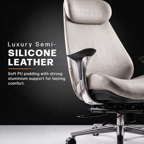 Image of Drogo Amara Ergonomic Office Chair for Work & Home- Luxury Semi-Silicone Leather, 5cm Seat Depth Adjustment, Curved Headrest, PU Aluminium Armrest, 135 Recline with 3 Lock Positions, Footrest (Beige)