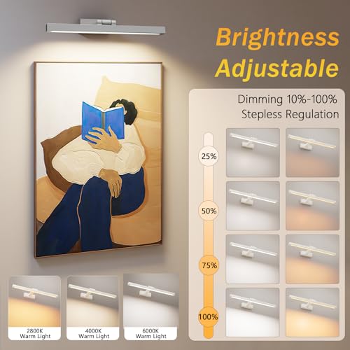 Image of Rechargeable Picture Light,15.74 Inch Battery Operated Wall Mounted Art Lamp with Remote,4000mAh Long Lasting,3 Color Dimmable Timer,270 Adjustable Gallery Poster Light(White)