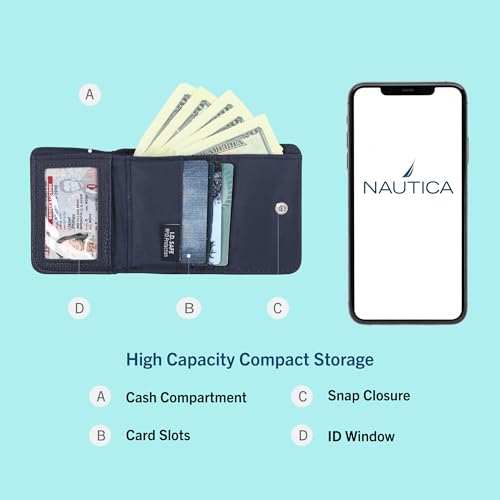 Nautica Rower's End Small Wallet for Women, RFID Blocking Slim Credit Card Holder with Zipper Coin Pocket, Bifold Compact Wallet with ID Window in Indigo3