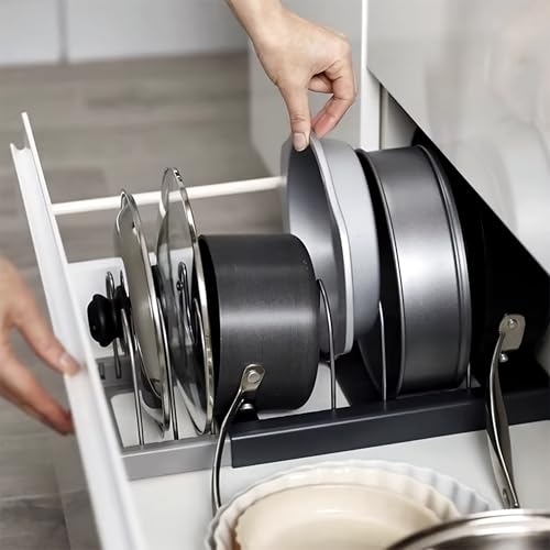 Image of Livzing Expandable Cookware Organizer, Stainless steel Adjustable Dividers for Space saving storage for pan lids, baking trays Pot & Pan Organizers Rack,Pot Lid Organizers,Pot racks,Pot holder,Kitchen