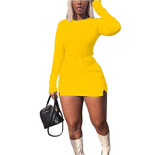 LuFeng Women's Sexy Fashion Reflective Striped long Sleeve 2 Piece Outfits Crop Top and Mini Bodycon Skirt Set (S, Yellow)