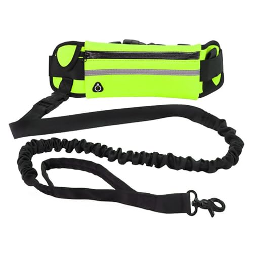 ハンズフリー犬用リード ランニング ウォーキング 反射 ウエストバッグ付き 伸縮性ベルト 牽引ロープ ペット用品(Green)