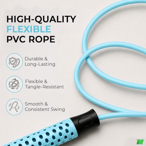 Image of Skipping Rope with Ball Bearing for Men, Women & Kids | 300 cm Jump Rope with Smooth Rotation & Comfortable Grip | 270 cm Effective Rope Length | Fitness, Cardio, Exercise & Workout Rope- Black (Sky Blue)