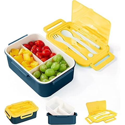 Aiuuee Lunchbox 1400ml Brotdose mit 3 Fächern und Besteck Auslaufsichere Bento Box Cover