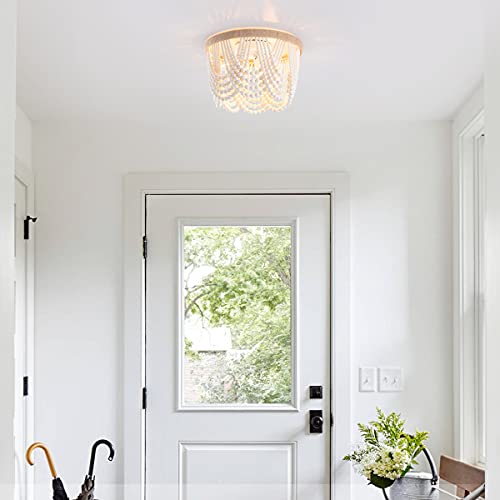 VILUXY Bohemia Wood Beaded Flush Mount Ceiling Light Antique Rustic Mini Chandelier White Finishing for Bedroom,Nursery Room, Girl Room, Hallway, Entryway, Passway, Dining Room, 3-Light - Image 4