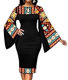 UOUA African Dresses for Women Church Bell Sleeve Print Casual Dress Elegant Nigerian Bodycon Pencil Attire Black Orange XL