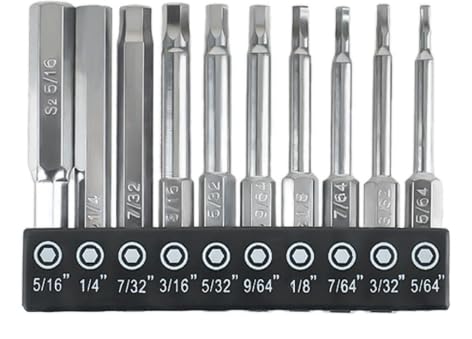 Mindu Hex Screwdriver Set,10-Piece Set of Chrome-Plated Hex Drill Bits, S2 Steel,in the Following Sizes: 5/16‘, 1/4’, 7/32‘, 3/16’, 5/32‘, 9/64’, 1/8‘, 7/64’, 3/32‘ and 5/64’