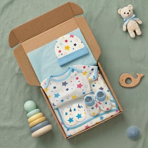 Image of TINYLANE - Curated For You! Newborn Baby Gift Set, 100% Cotton, Star Print, 0-6 Months, Bodysuit with Cap, Mittens and Double Layer Blanket, Newborn Baby Essentials, Baby Hamper for New Born
