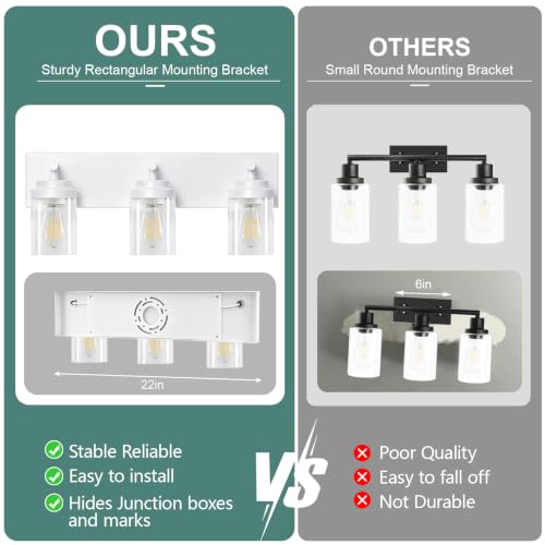 Image of IZORRO Bathroom Vanity Light Fixture, 3-Light 22 Inch White Bathroom Light Fixtures Over Mirror, with Clear Glass Shade, Modern Farmhouse Vanity Lights, Rustic Restroom Lighting Fixtures