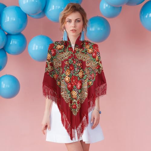 Katutude Women's Oversize Tassel Shawl Scarf Wraps Traditional Floral Print Poncho Shawl Lightweight Scarf, 63" x 63"4