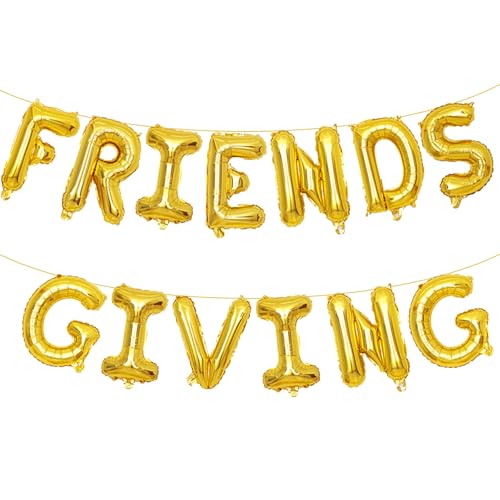 16 Inches FRIENDSGIVING Balloons Hanging Banner Decorations Aluminum Foil Letter Balloons for Friendsgiving Thanksgiving Day Autumn Fall Celebration Party Supplies (Gold)