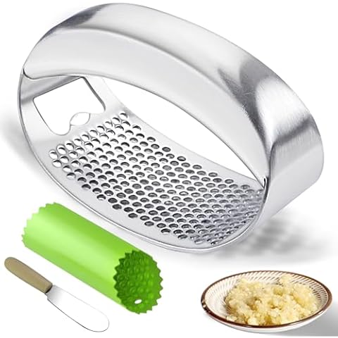 Garlic Press Rocker Heavy Duty Stainless Steel Garlic Mincer Garlic Crusher Garlic Chopper with Peeler And Scraper for Smash Garlic Built-in Bottle Opener Cover
