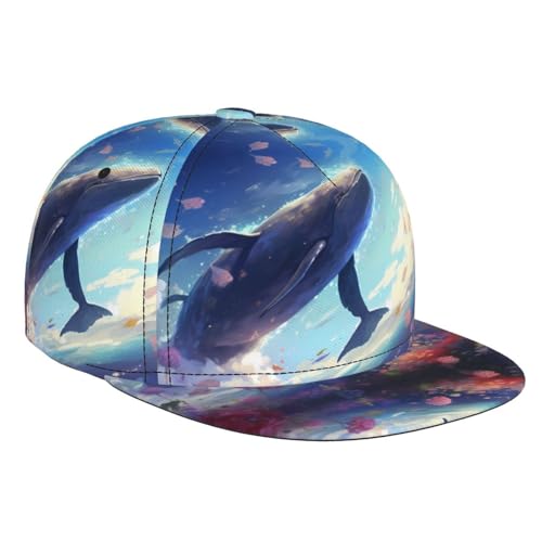 Gorra de béisbol de ala plana con estampado de ballenas que nadan bajo el mar, tamaño ajustable, senderismo al aire libre y camping, resistente al viento, casual, color negro